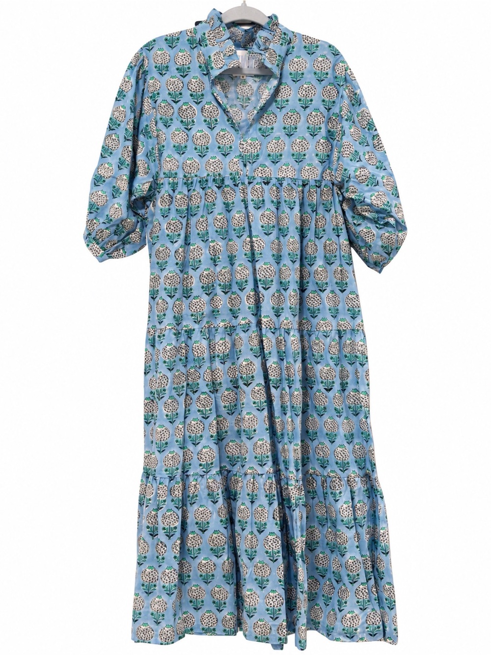 TMC The Monogram Corner Blue Block Print Tiered Maxi Dress XL NWOT